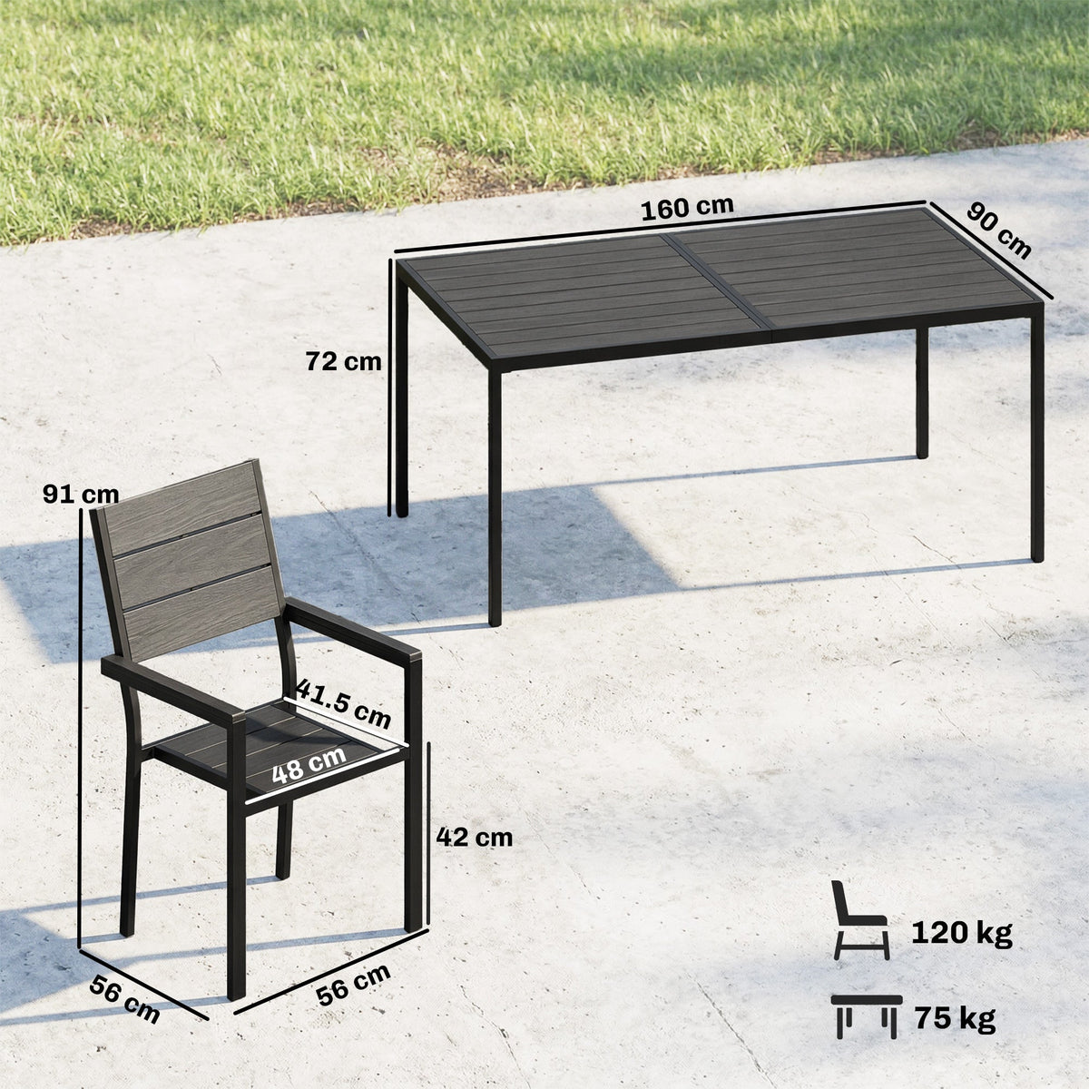 7-Piece Outdoor Dining Set with Slatted Tabletop and Metal Frame for 6, Black