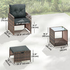 5-Piece Wicker Patio Set with Ottomans and 2-Tier Glass Table, Brown, Dark Grey