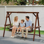 3 Seater Wooden Garden Swing Seat with Cushion and Side Trays, Carbonised Brown