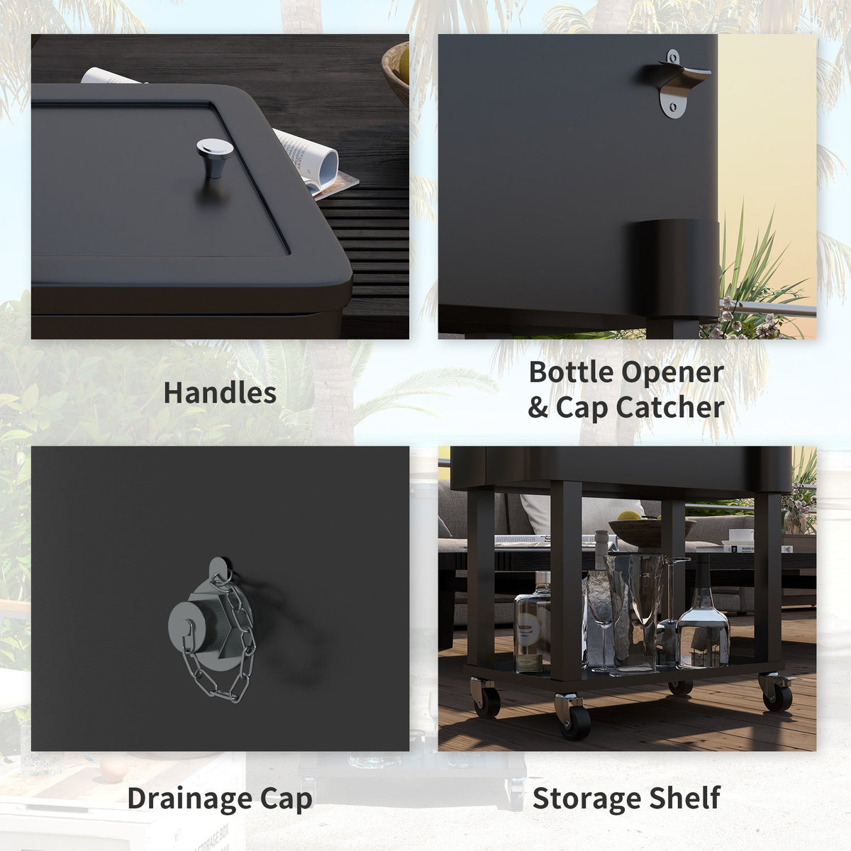60 Quart Rolling Patio Cooler Cart with Shelf and Bottle Opener, Black