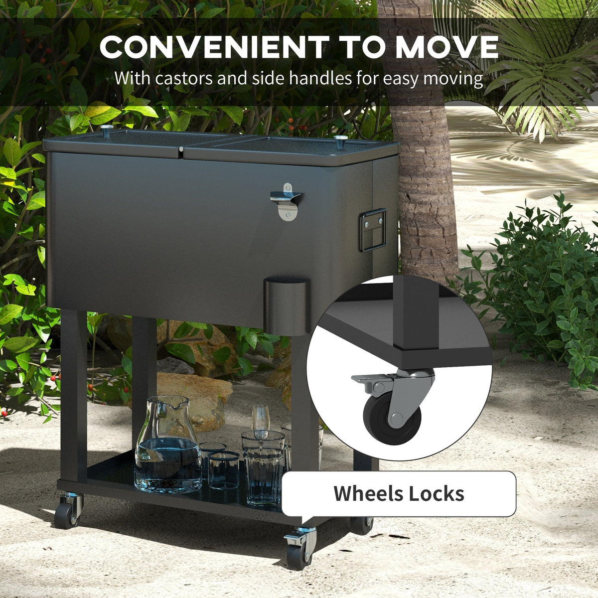 60 Quart Rolling Patio Cooler Cart with Shelf and Bottle Opener, Black