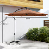 3 m Banana Parasol with Crank Handle, 8 Ribs & Cross Base, Coffee