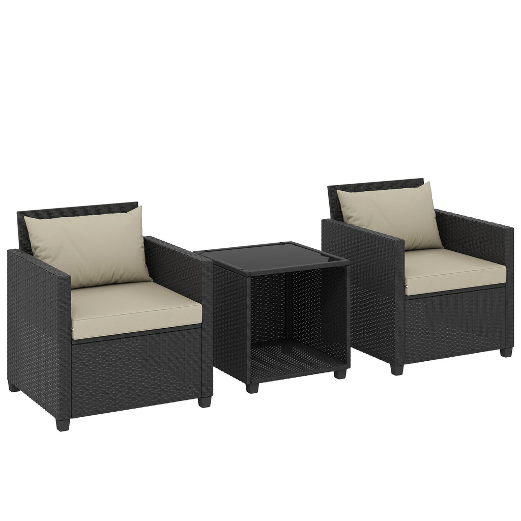 3 Piece Patio Bistro Set with Glass Table and Cushioned Chairs, Beige