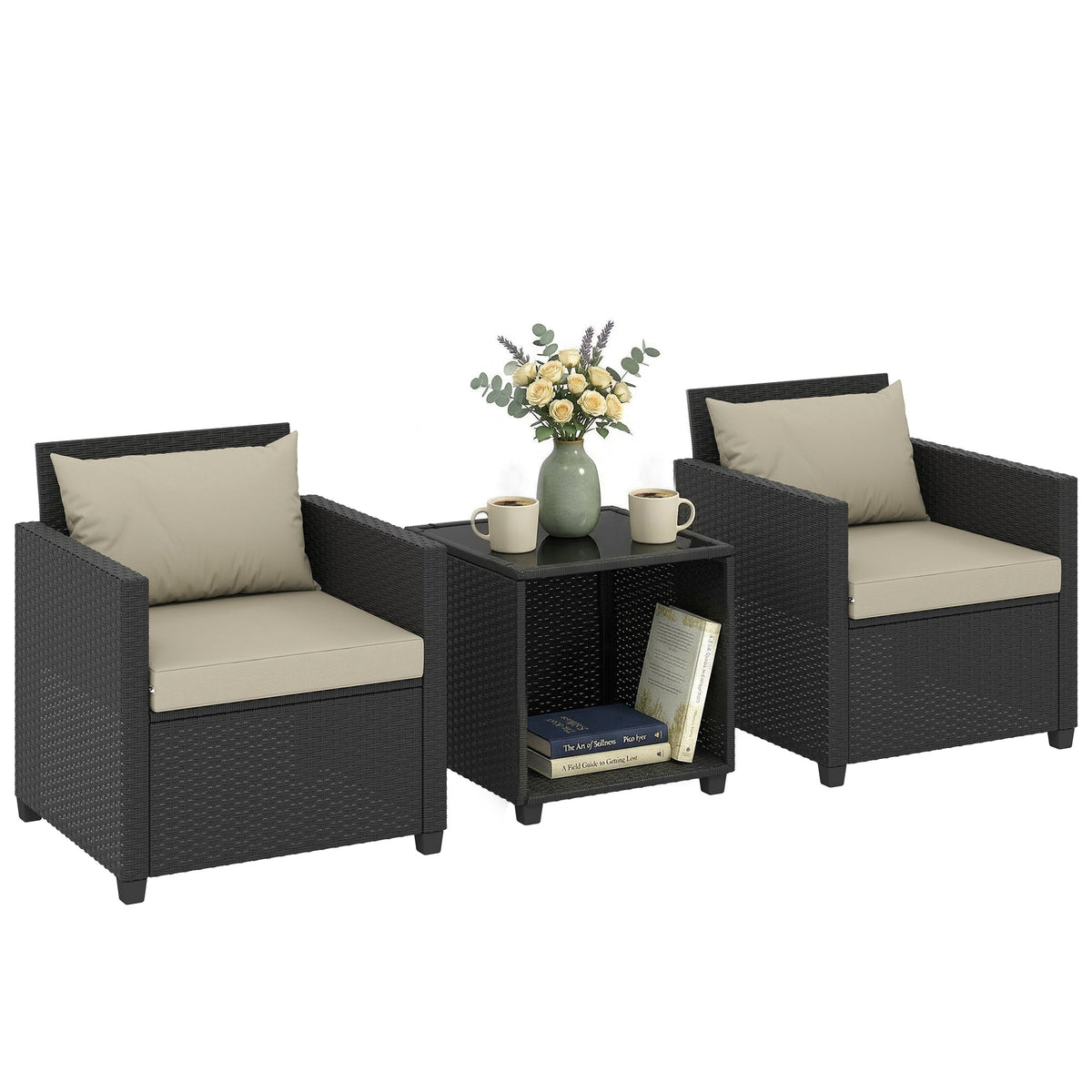 3 Piece Patio Bistro Set with Glass Table and Cushioned Chairs, Beige