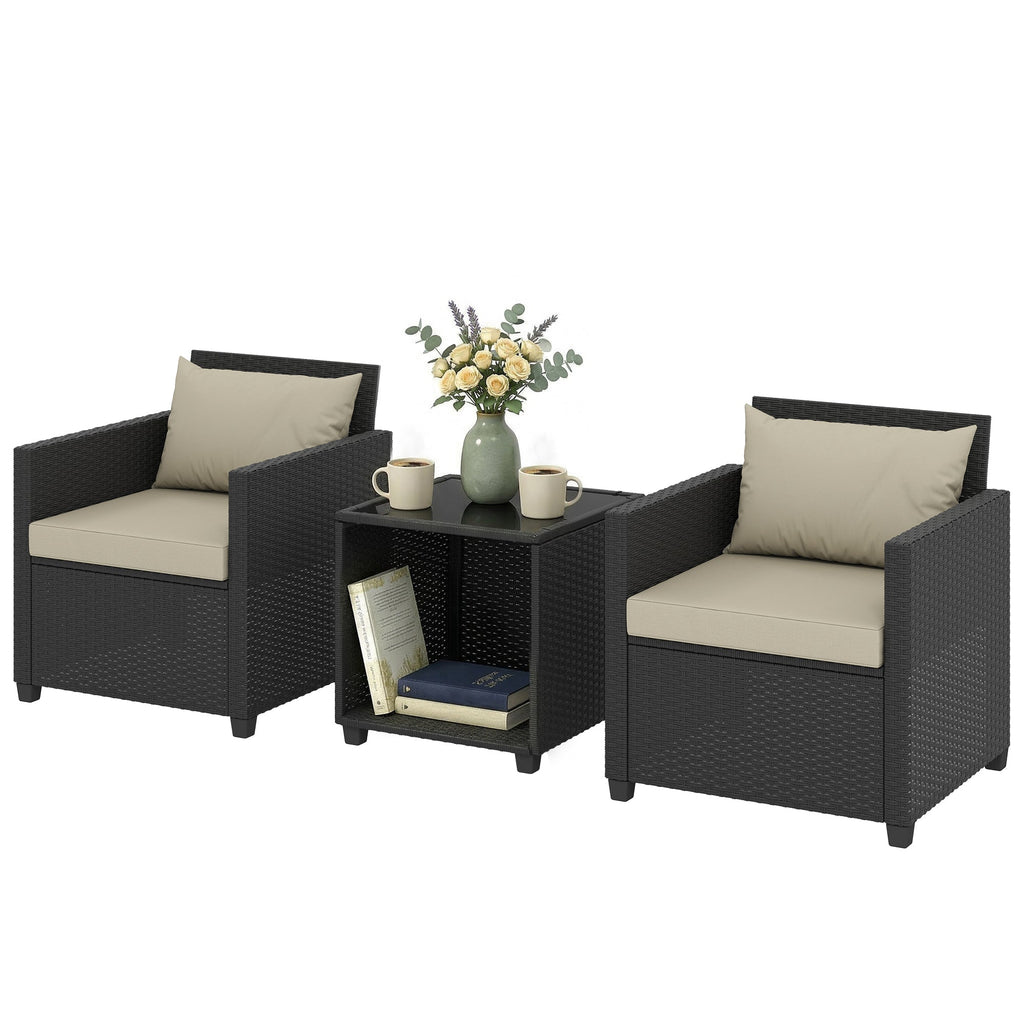 3 Piece Patio Bistro Set with Glass Table and Cushioned Chairs, Beige