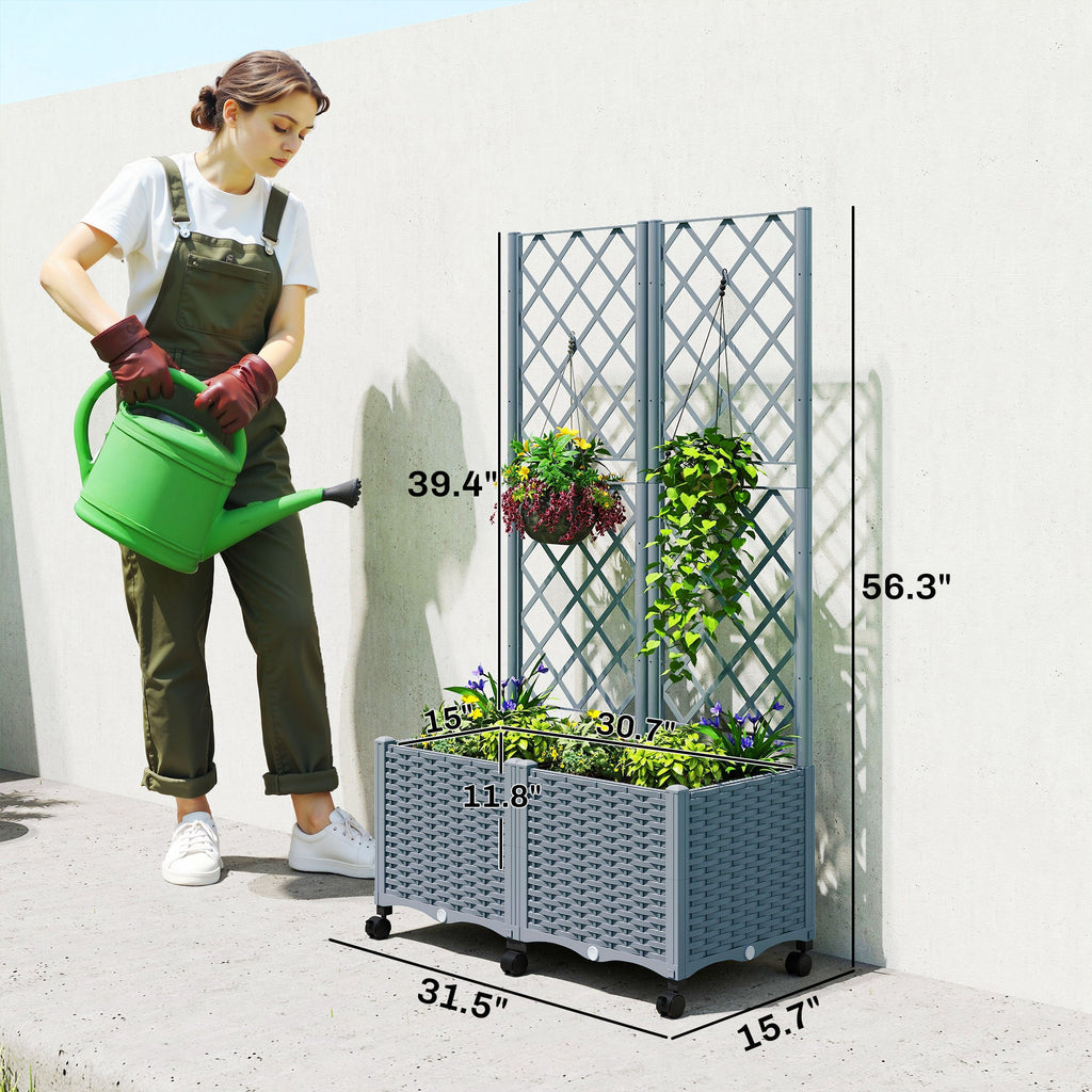 56.3" Self-Watering Planter Box with Trellis and Wheels, Gray