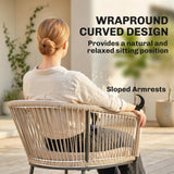 Set of 2 Rattan Dining Chairs with Cushions, Metal Frame, String Back & Armrests