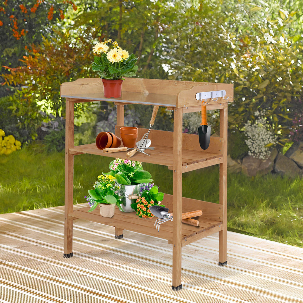 Wooden Potting Bench with Metal Top, Shelf and Hooks, Natural