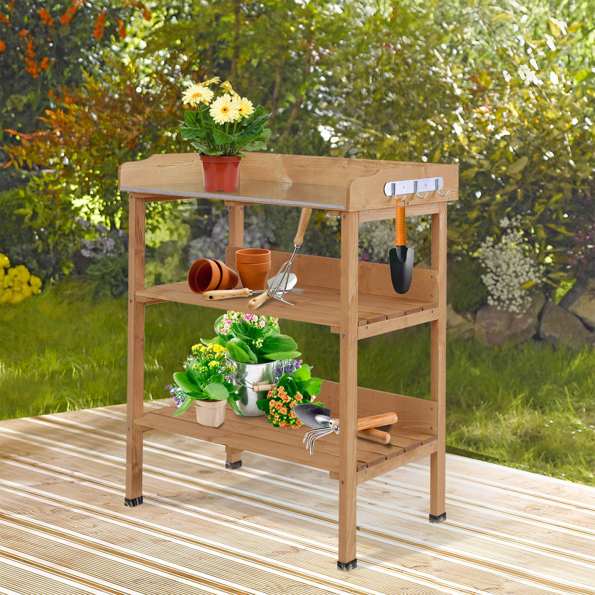 Wooden Potting Bench with Metal Top, Shelf and Hooks, Natural