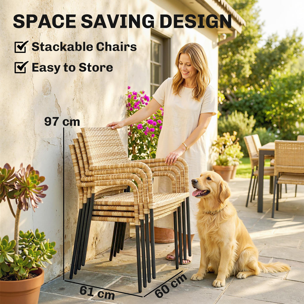 4-Seater Light Brown Rattan Dining Set with Parasol, Glass Top & Stacking Chairs
