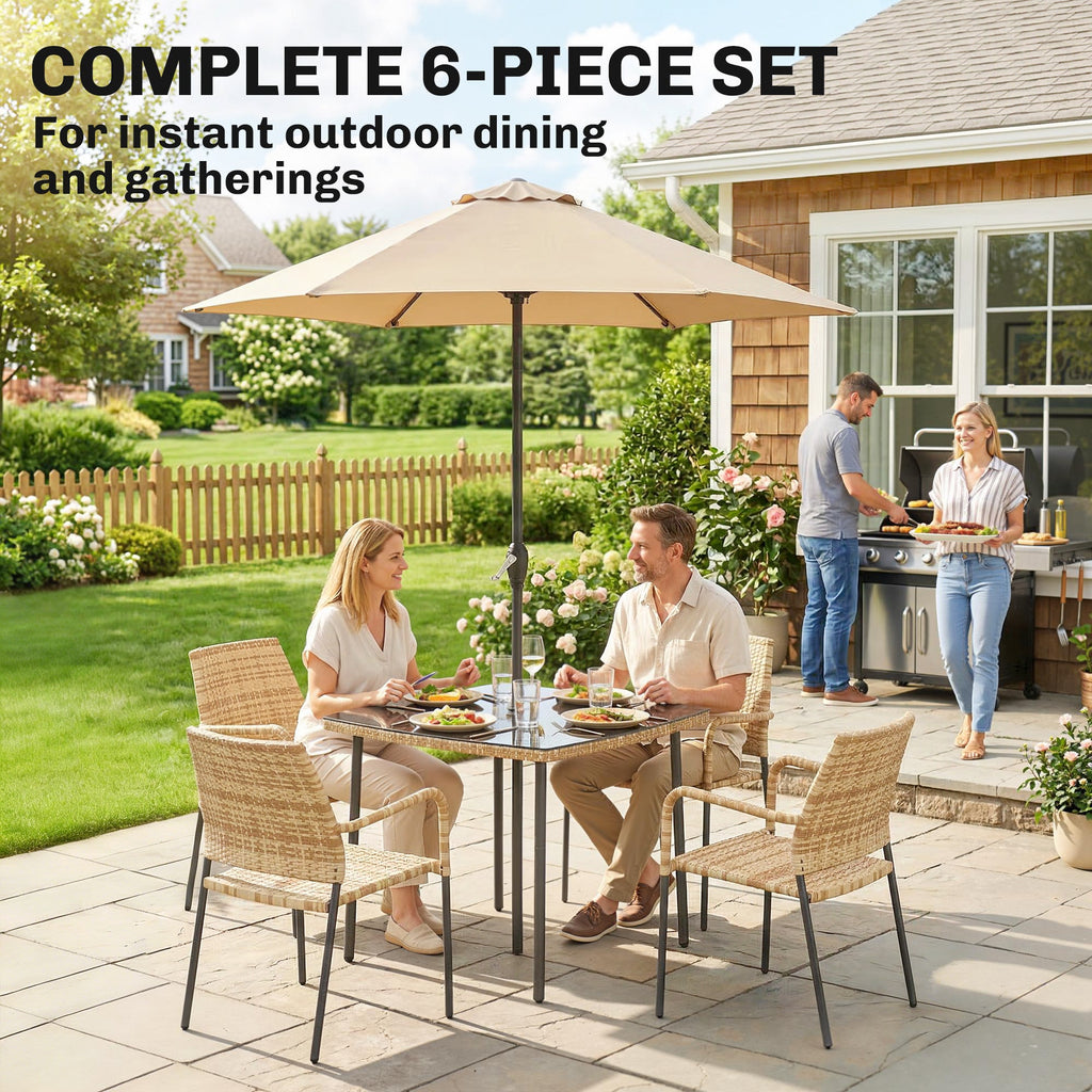 4-Seater Light Brown Rattan Dining Set with Parasol, Glass Top & Stacking Chairs