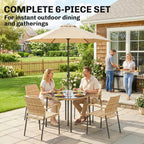 4-Seater Light Brown Rattan Dining Set with Parasol, Glass Top & Stacking Chairs