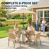 4-Seater Light Brown Rattan Dining Set with Parasol, Glass Top & Stacking Chairs