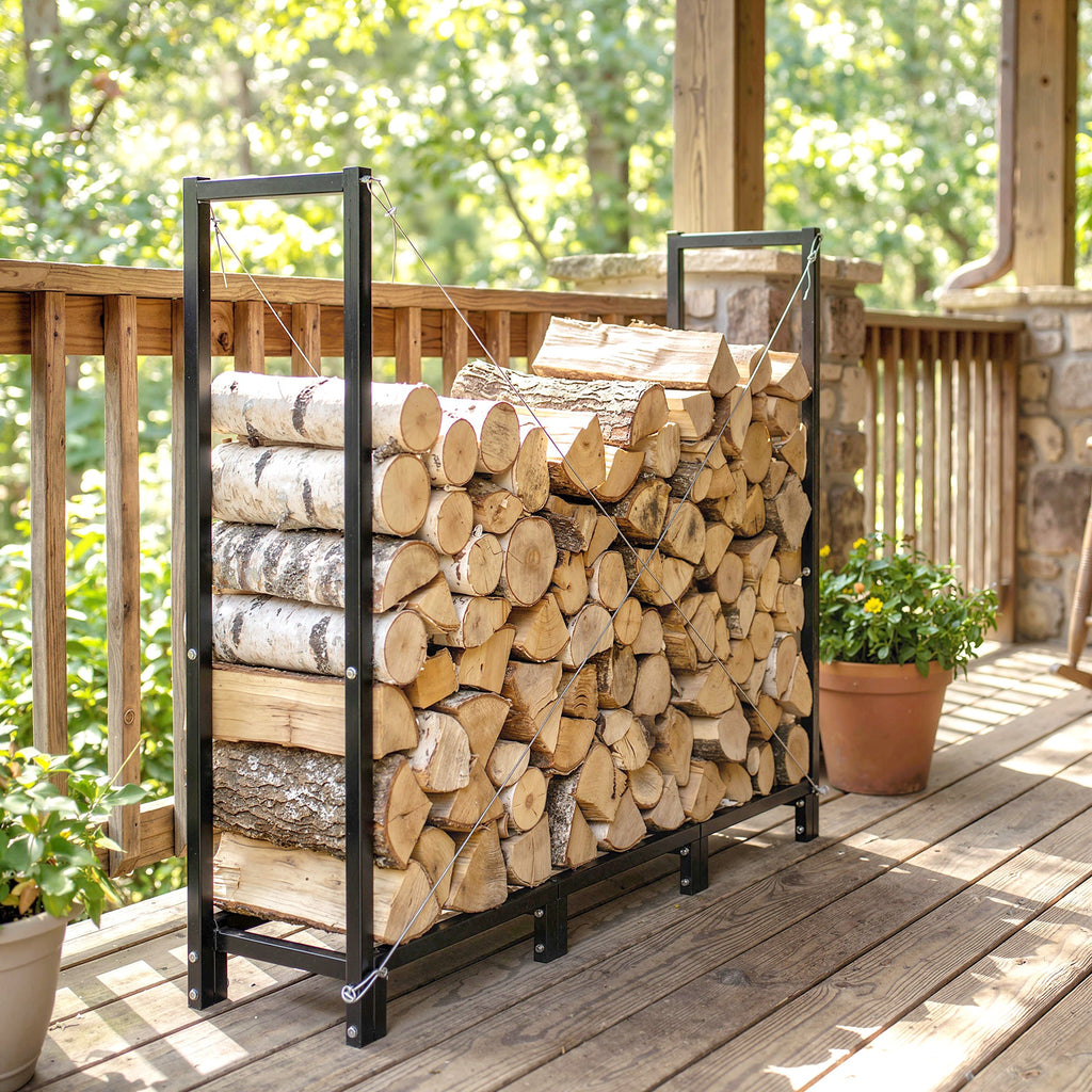 4 ft Firewood Rack with Customizable Width & Height, Cable Reinforcement, 616 lb Capacity, Black