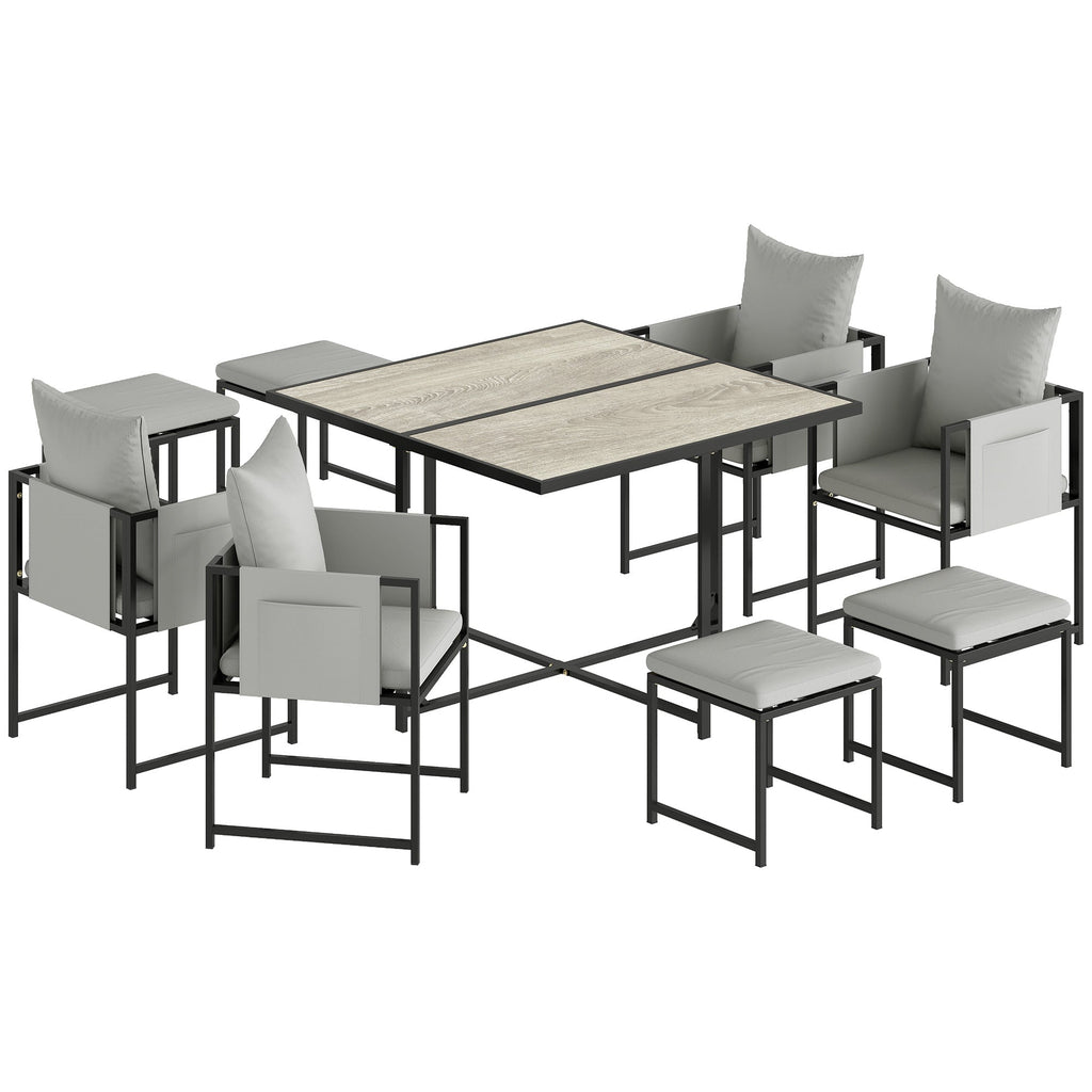 9 Piece Cube Garden Dining Set with 8 Seats, 4 Stools & Cushions, Dark Grey