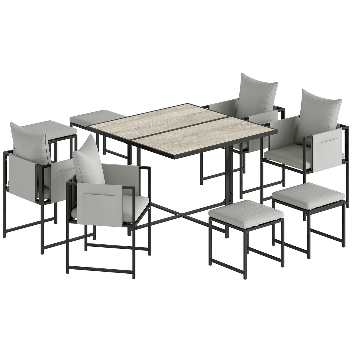 9 Piece Cube Garden Dining Set with 8 Seats, 4 Stools & Cushions, Dark Grey