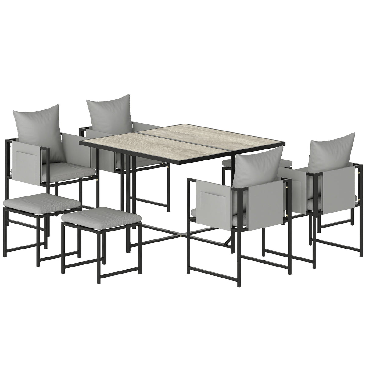 9 Piece Cube Garden Dining Set with 8 Seats, 4 Stools & Cushions, Dark Grey