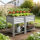 Galvanized Steel Raised Garden Bed with Legs and Storage Shelf, Silver