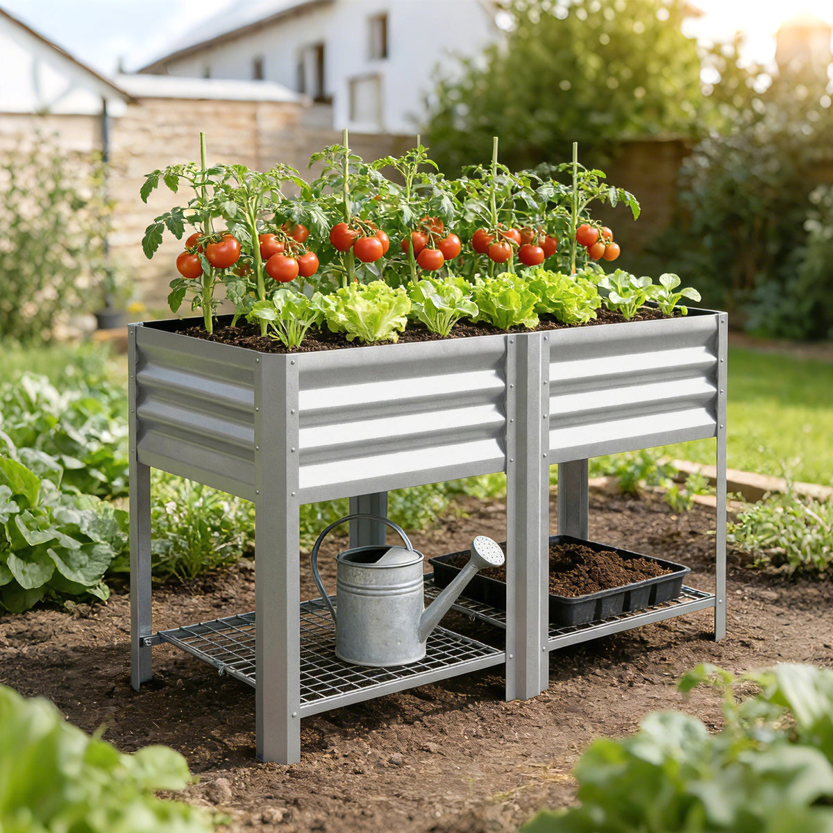 Galvanized Steel Raised Garden Bed with Legs and Storage Shelf, Silver