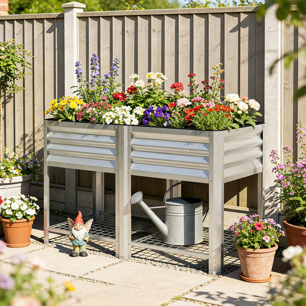 Galvanized Steel Raised Garden Bed with Legs and Storage Shelf, Silver