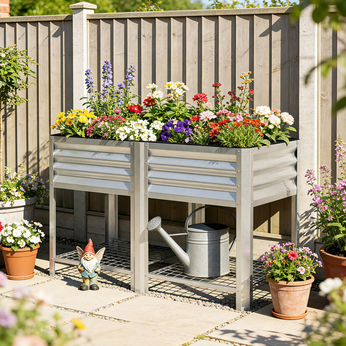 Galvanized Steel Raised Garden Bed with Legs and Storage Shelf, Silver