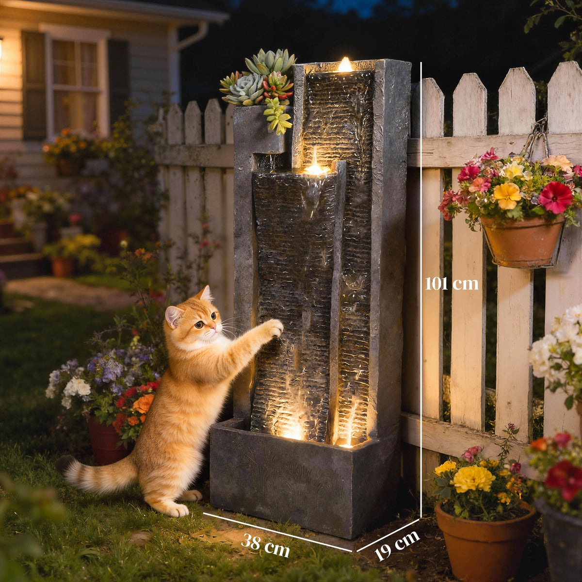 3-Tier Water Feature with LED Lights, Planter and Pump, Dark Grey