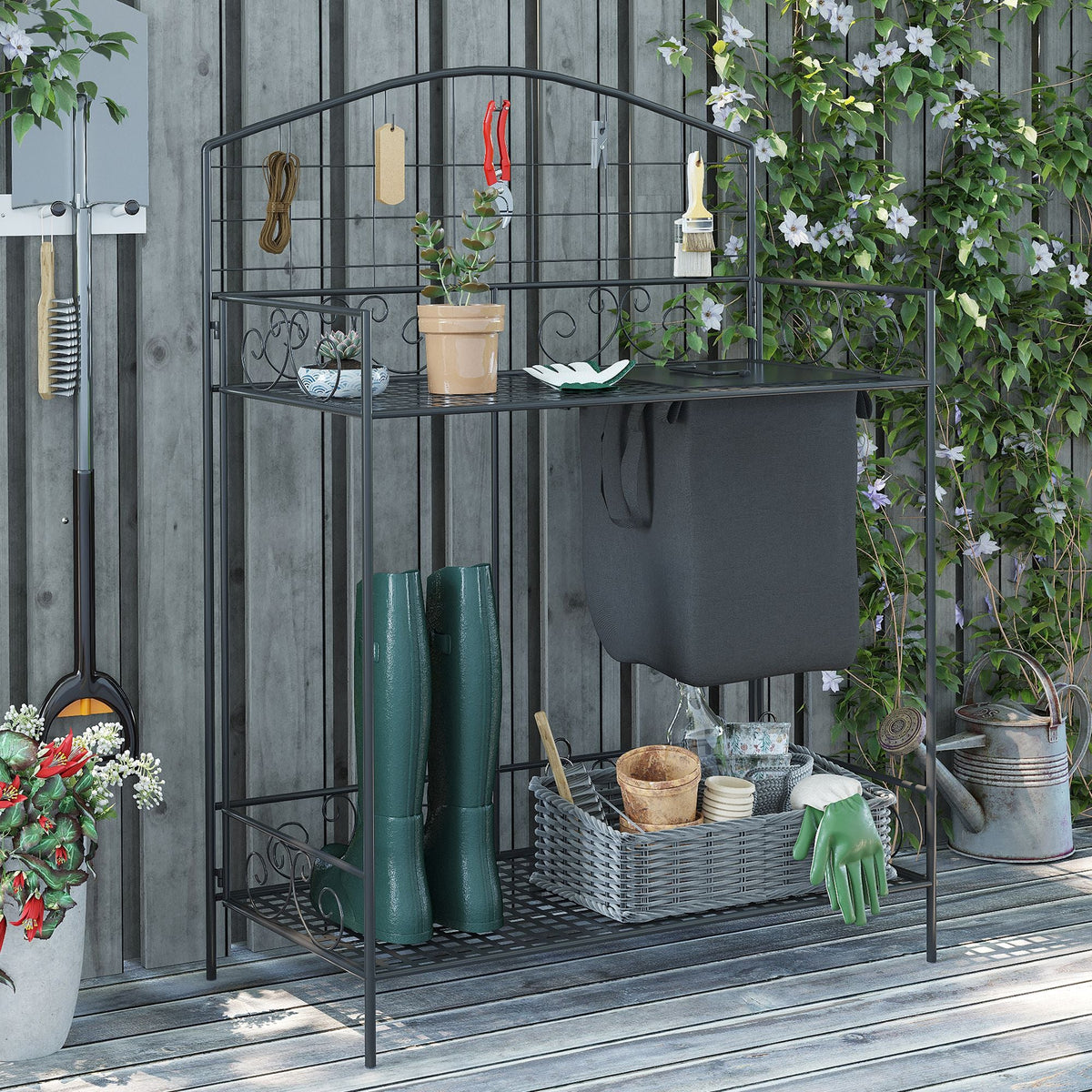 Folding Potting Bench Table with Storage Shelf, Flourishes