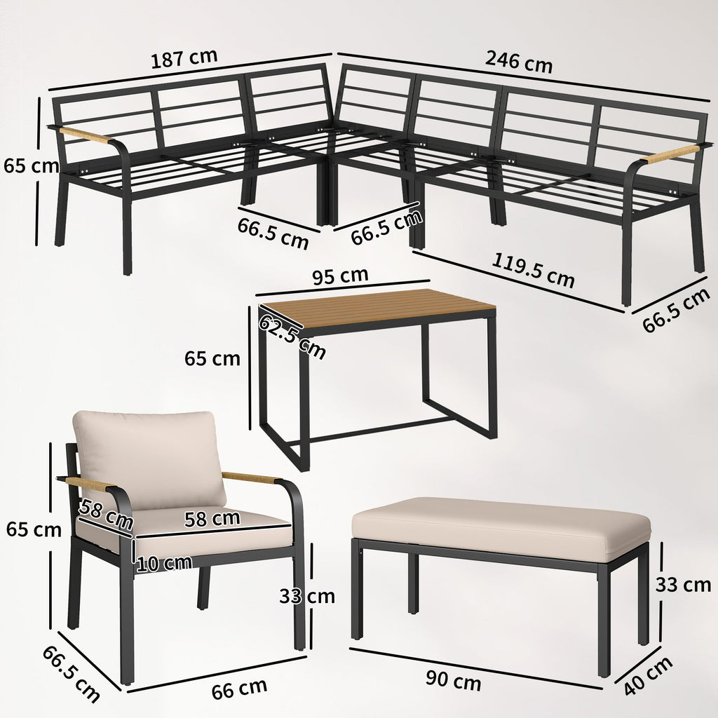 7 Seater Garden Furniture Set with Faux Wood Table, Khaki