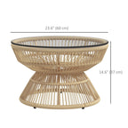 Rattan Outdoor Coffee Table with Tempered Glass Top, Nature Wood