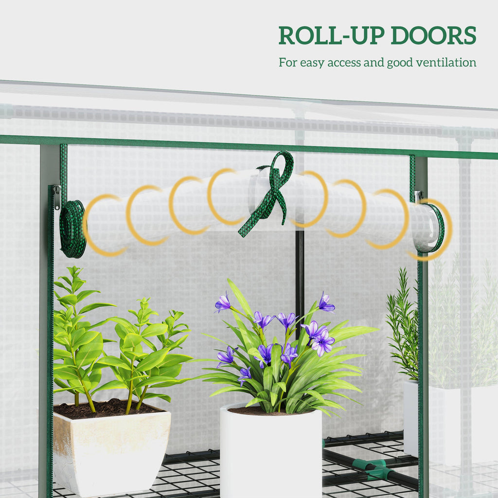 Lean-to Greenhouse 84.6" x 18.1" x 56.7" with 3 Shelves & 3 Rollup Doors, White