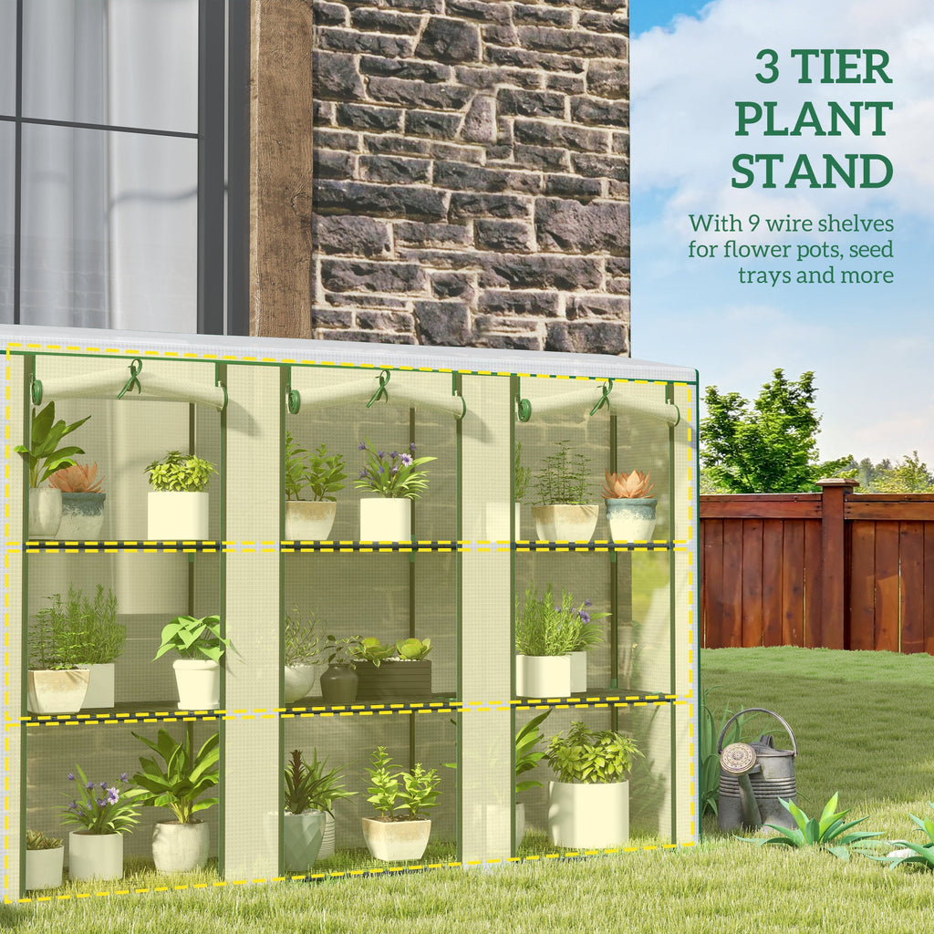 Lean-to Greenhouse 84.6" x 18.1" x 56.7" with 3 Shelves & 3 Rollup Doors, White