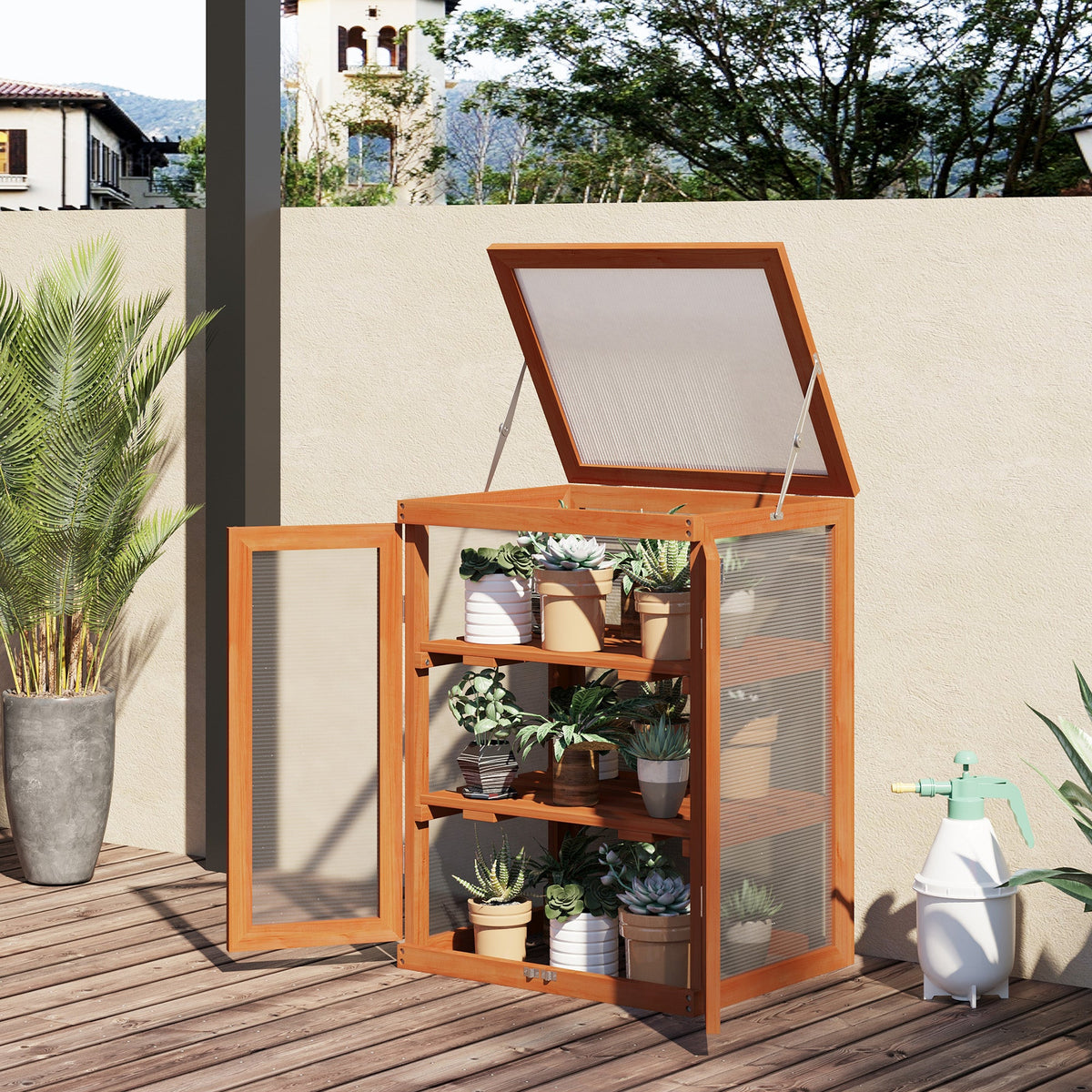 Wooden 2 Tier Cold Frame Greenhouse with Polycarbonate Panels, Orange