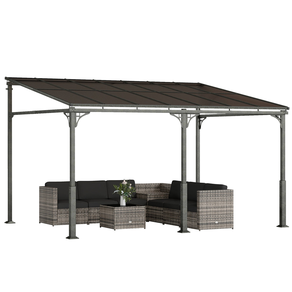 4 x 3 m Metal Lean-to Pergola with Polycarbonate Roof, Brown