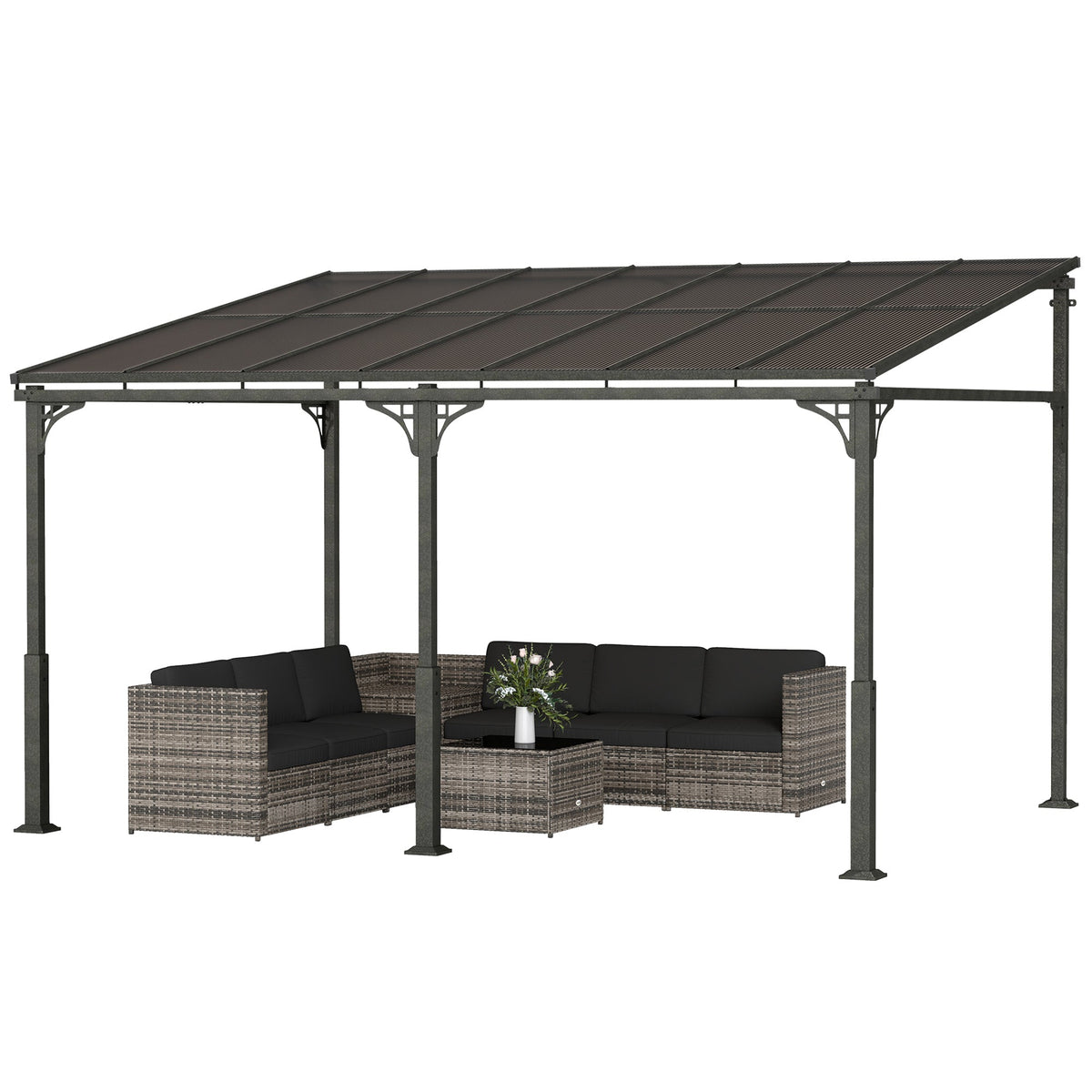 4 x 3 m Metal Lean-to Pergola with Polycarbonate Roof, Brown