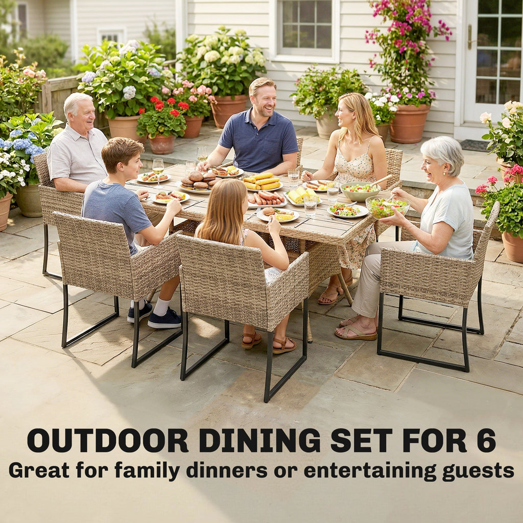 7-Piece Dark Grey Rattan Dining Set with WPC Table, 6 Chairs & Cushions