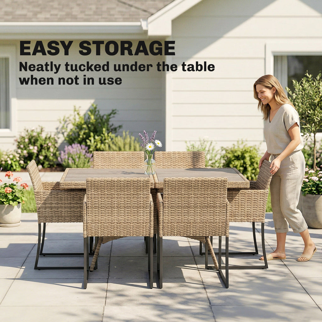 7-Piece Dark Grey Rattan Dining Set with WPC Table, 6 Chairs & Cushions