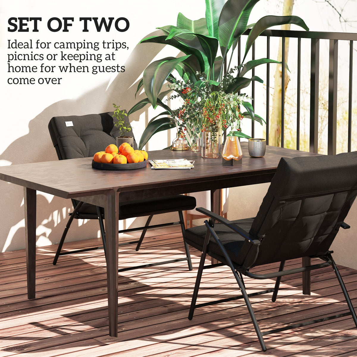 Set of 2 Folding Outdoor Dining Chairs with Adjustable Backrest, Black