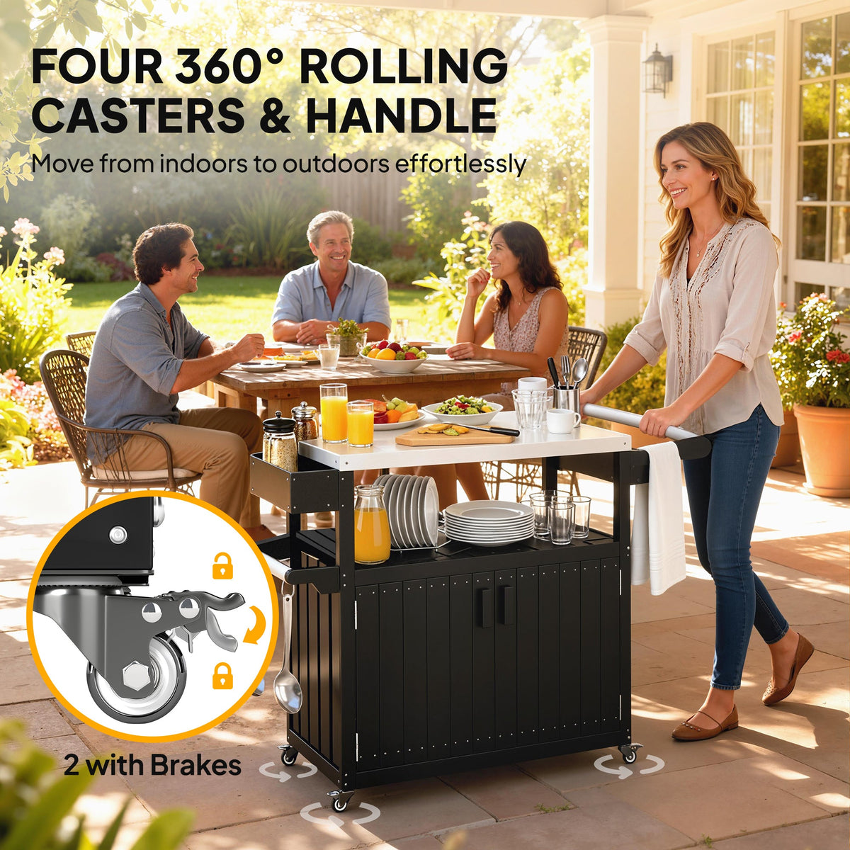 Outdoor Bar Cart with Storage Cabinet, Black