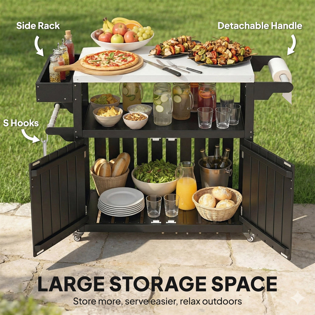 Outdoor Bar Cart with Storage Cabinet, Black