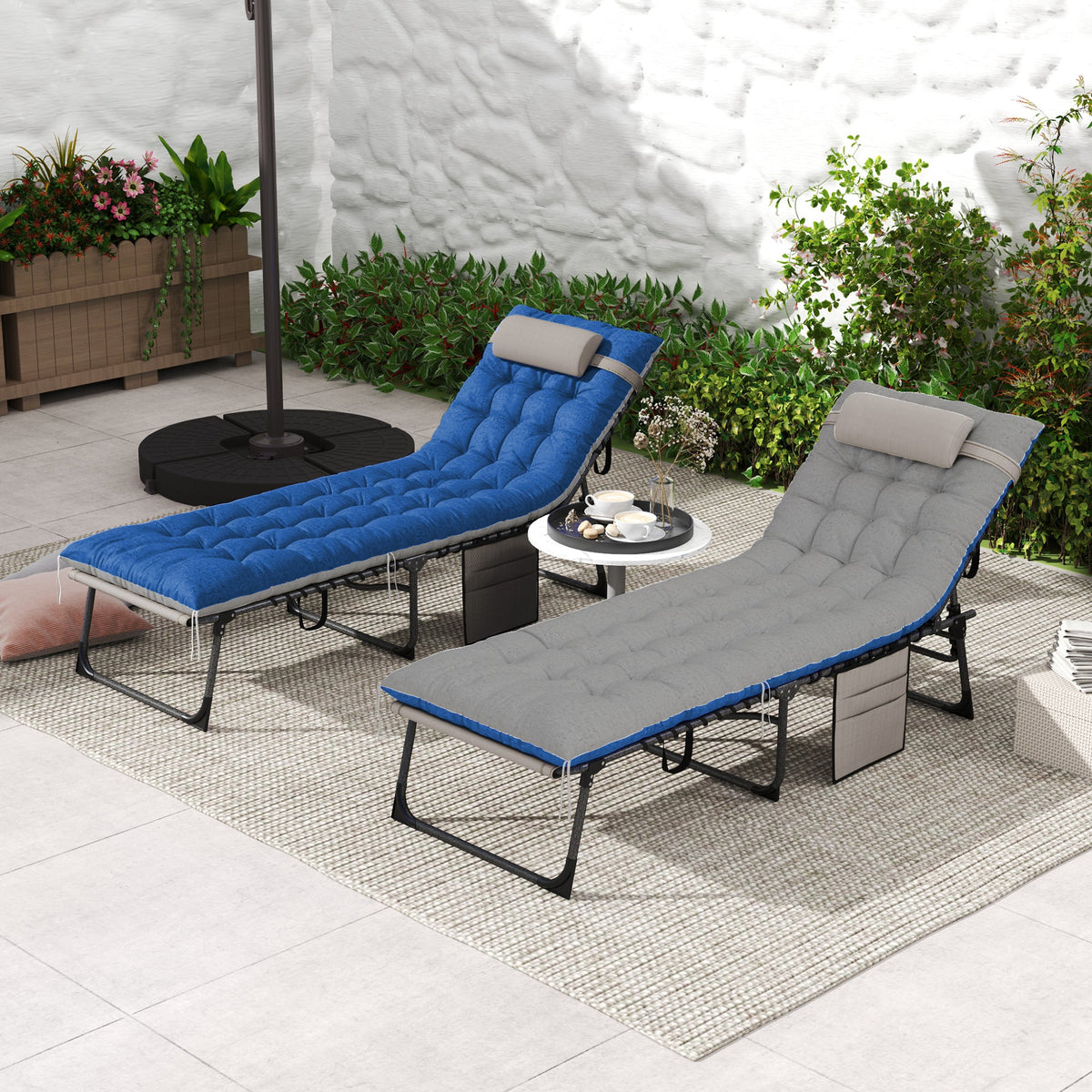Set of 2 Folding Lounge Chairs with Cushion and Side Pocket, Brown/Blue