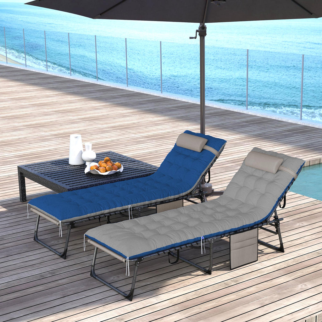 Set of 2 Folding Lounge Chairs with Cushion and Side Pocket, Brown/Blue