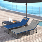 Set of 2 Folding Lounge Chairs with Cushion and Side Pocket, Brown/Blue