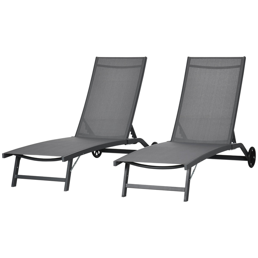 Set of 2 Outdoor Lounge Chairs with Wheels and Mesh Seat, Dark Grey