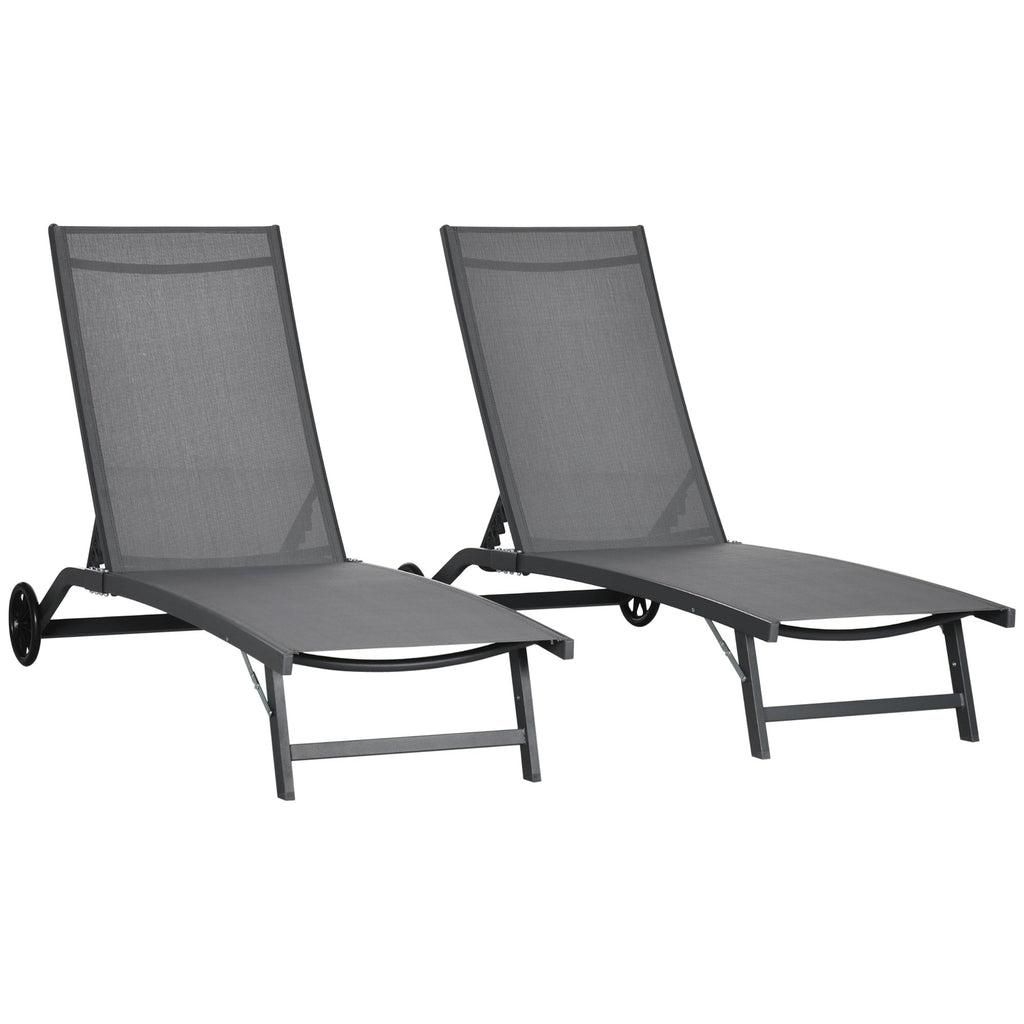 Set of 2 Outdoor Lounge Chairs with Wheels and Mesh Seat, Dark Grey
