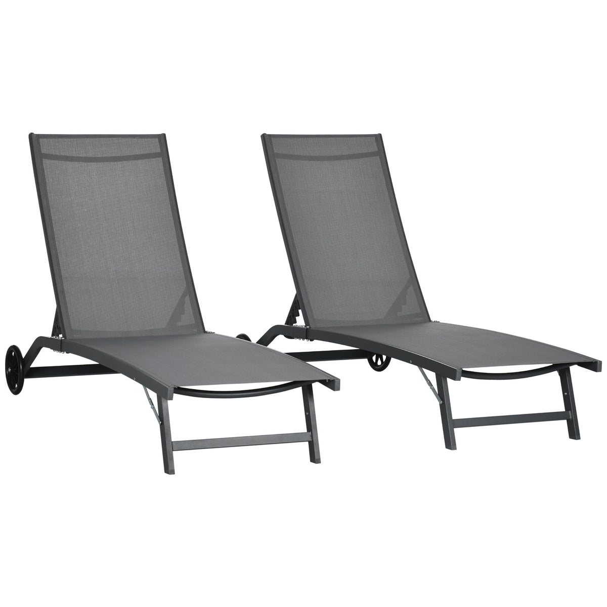 Set of 2 Outdoor Lounge Chairs with Wheels and Mesh Seat, Dark Grey