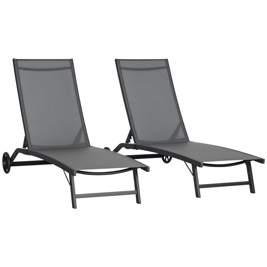 Set of 2 Outdoor Lounge Chairs with Wheels and Mesh Seat, Dark Grey