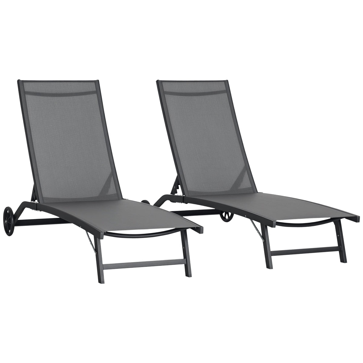 Set of 2 Outdoor Lounge Chairs with Wheels and Mesh Seat, Dark Grey