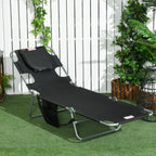 Folding Lounge Chair with Face Hole, Side Pocket and Strap, Black