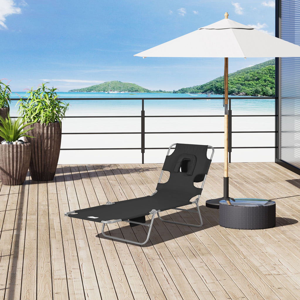 Folding Lounge Chair with Face Hole, Side Pocket and Strap, Black