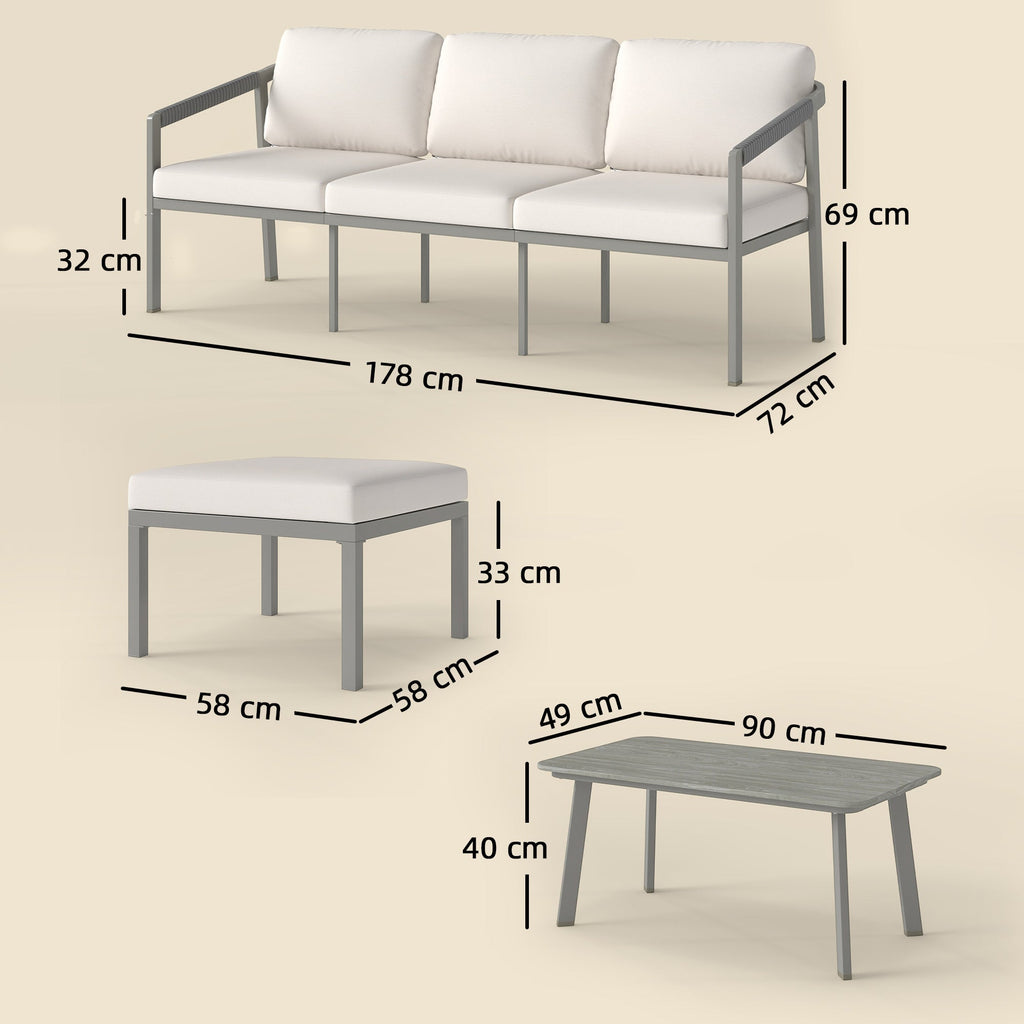 3 Piece Garden Furniture Set with Sofa, Footstool and Coffee Table, Grey
